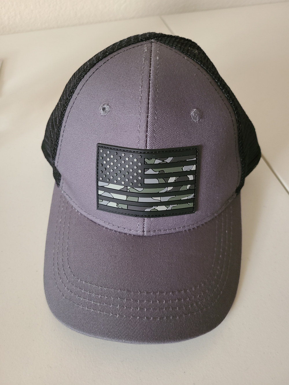 Highland Tactical American Flag Black Mesh Gray Trucker Hat with Camo Flag Patch